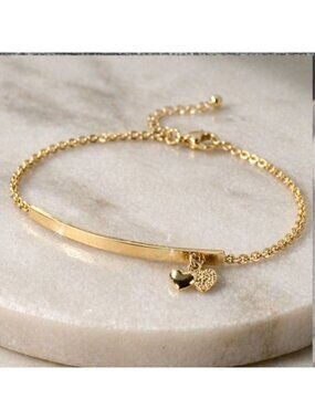 Vintage Gold Tone Heart Charm Bracelet Dainty Bar Chain 7.25" New Old Stock 90s
